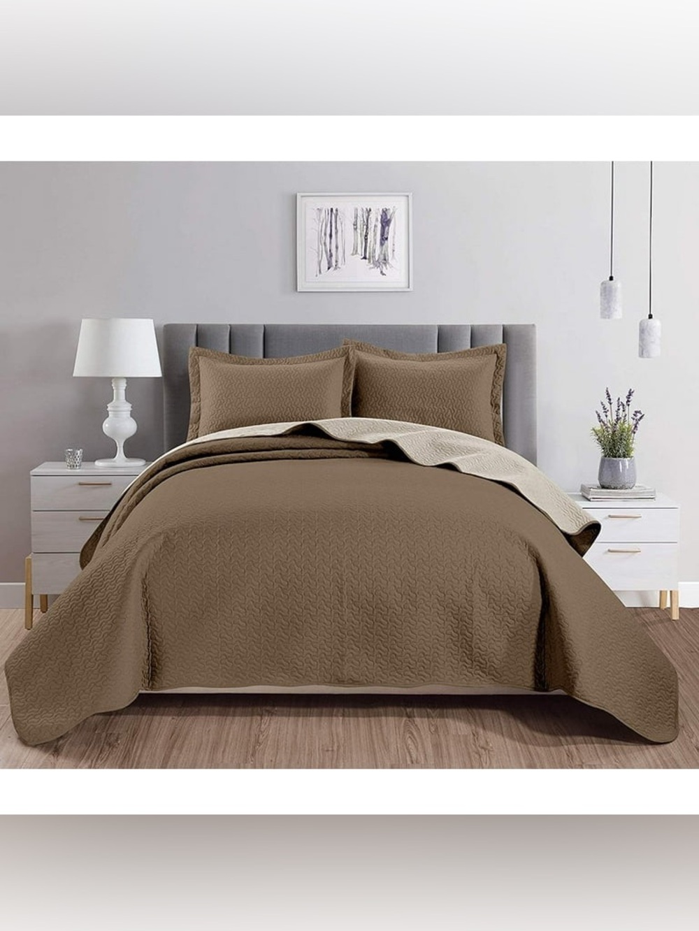 Reversible Quilted oversized king 3 piece Brown and Cream Bedspread Set